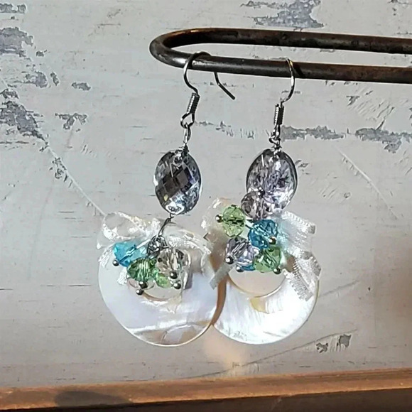 Retro Pearl Shell Czech Crystal White Satin BowsHandcrafted Dangle Earrings - Picture 6 of 8